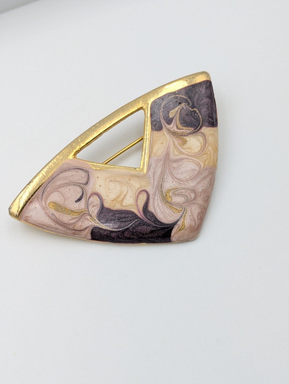 Vintage gold tone purple swirl enamel large triangle brooch pin